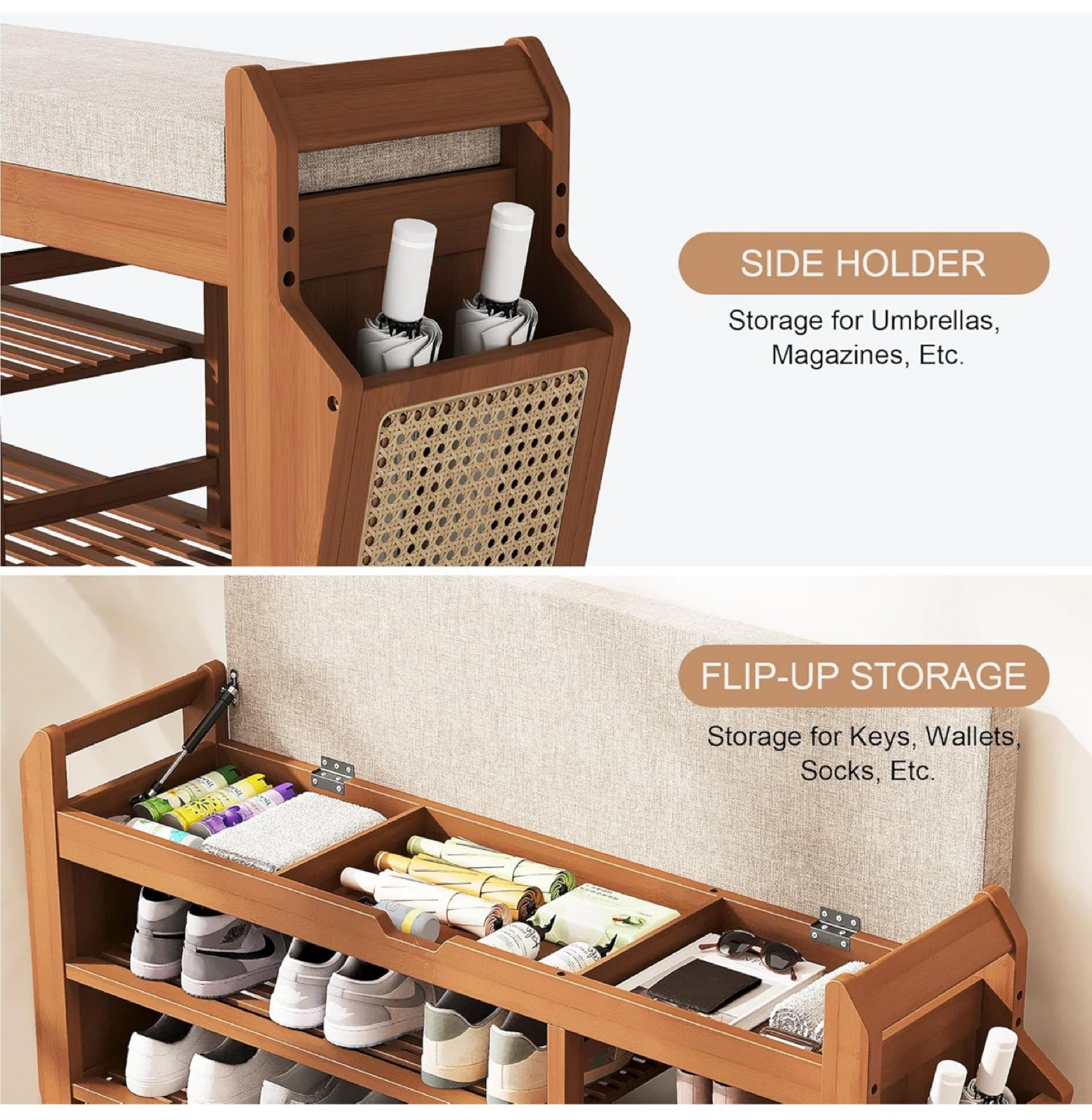 Wooden Shoe Bench with Storage and Hooks - photo 5