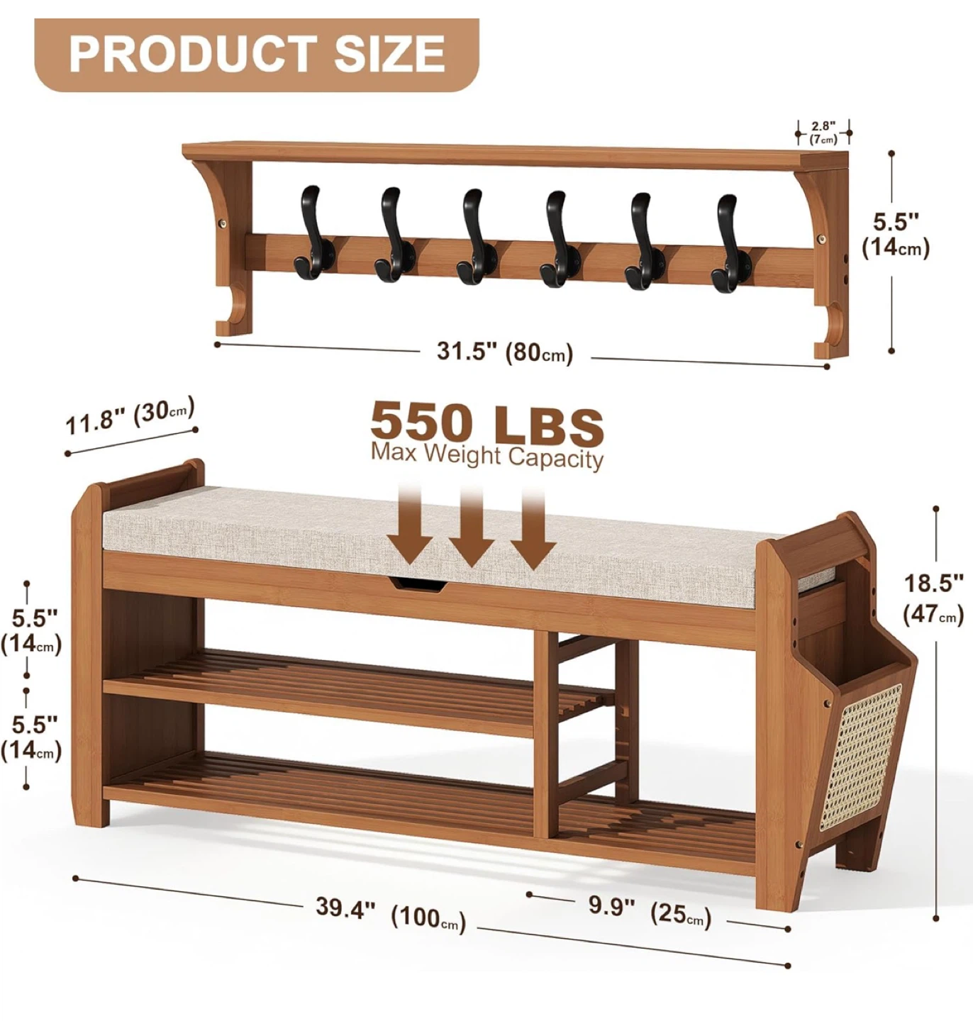 Wooden Shoe Bench with Storage and Hooks - photo 3