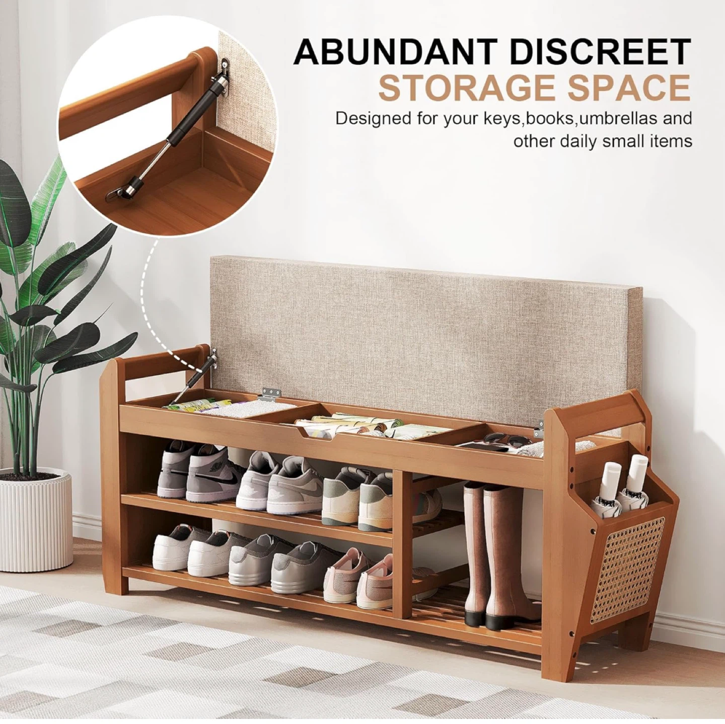 Wooden Shoe Bench with Storage and Hooks - photo 4