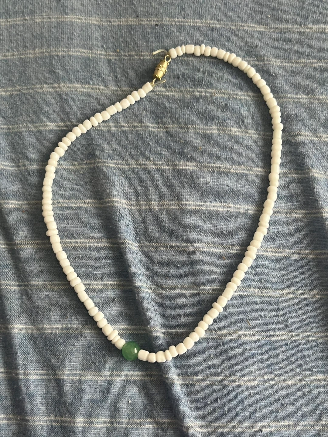 White Beaded Necklace with Green Accent