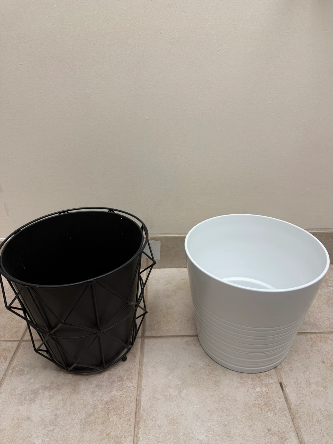 Black Geometric Wire Trash Can and White Planter Pot