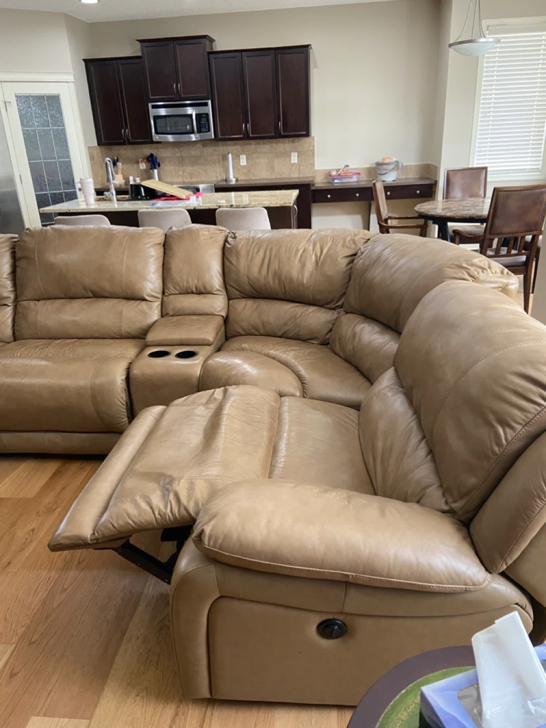Tan Leather Sectional Couch with Recliners and Cup Holders