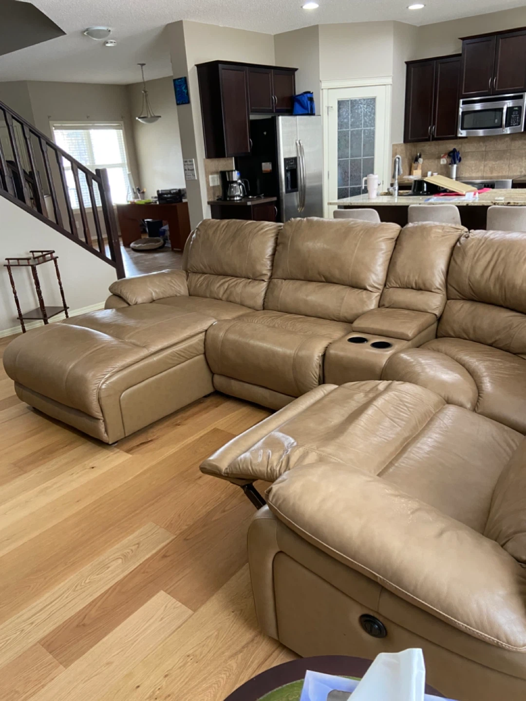 Tan Leather Sectional Couch with Recliners and Cup Holders - photo 2