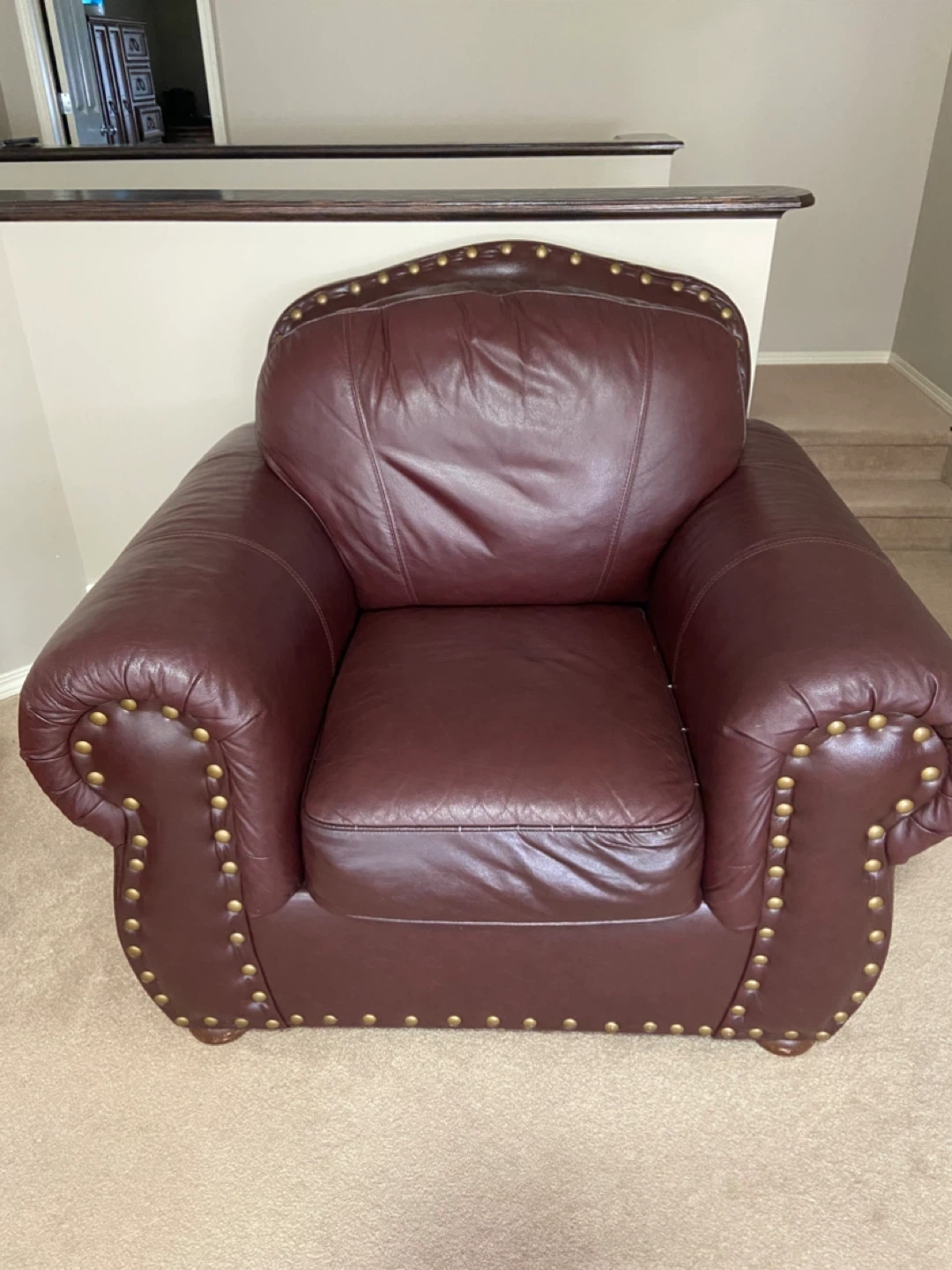 Brown Leather Armchair with Nailhead Trim