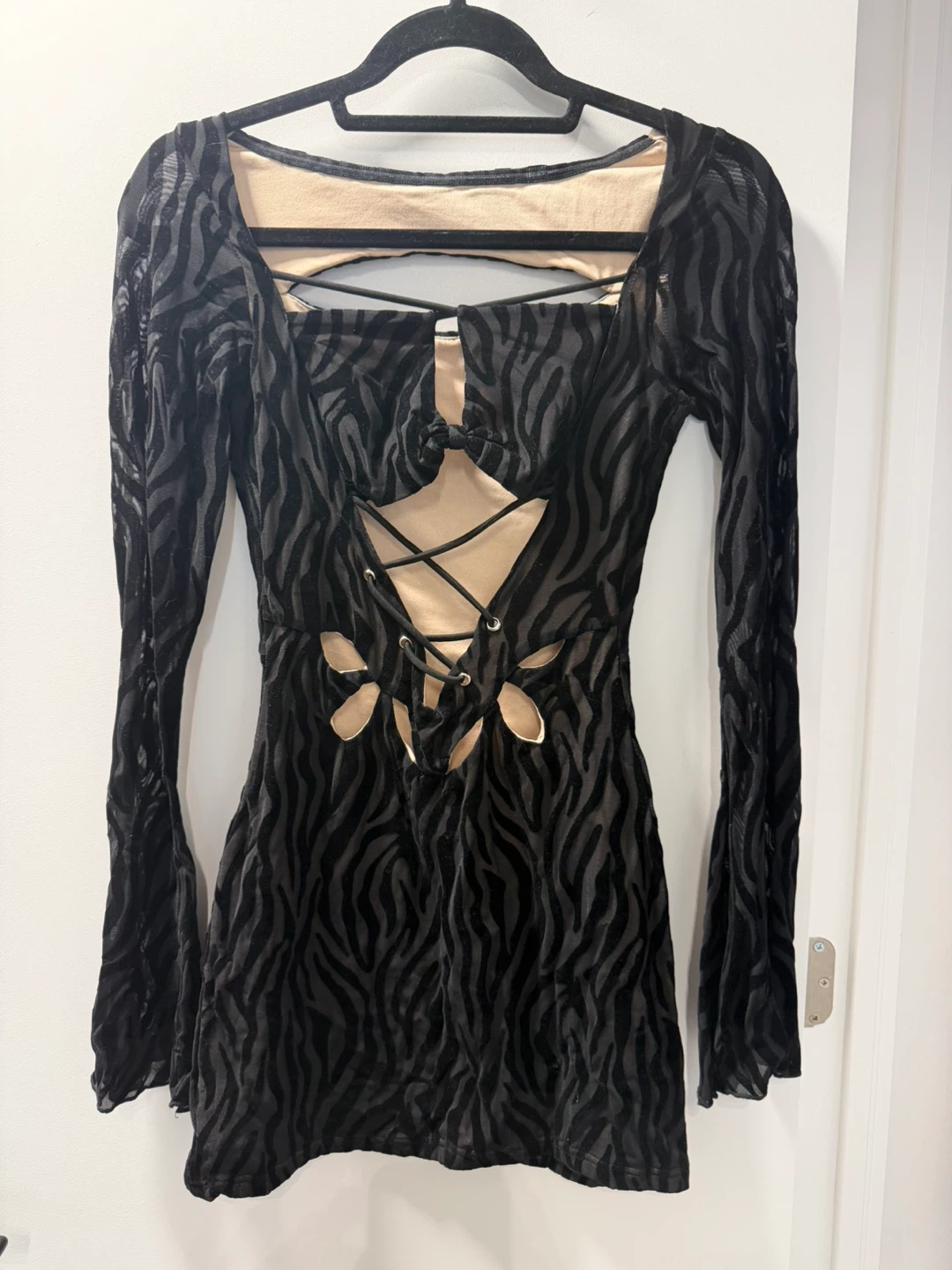 Black Velvet Zebra Print Mini Dress with Cut-outs