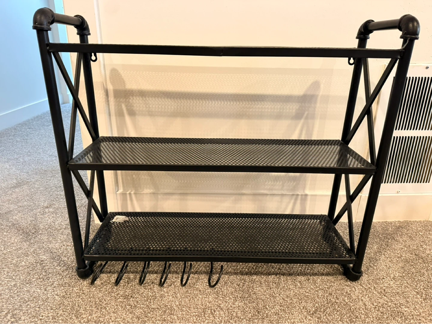 Black Metal 2-Tier Shelf with Hooks