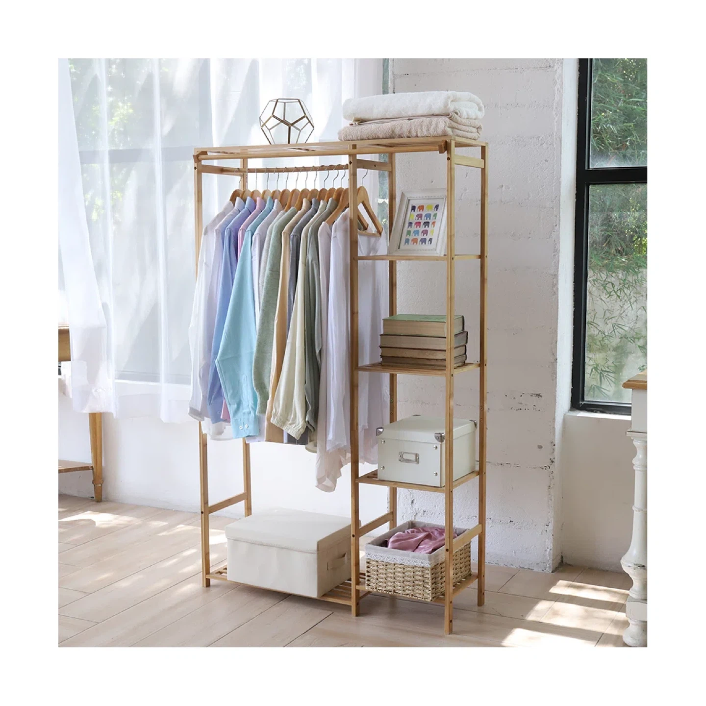 Bamboo Clothing Rack with Shelves