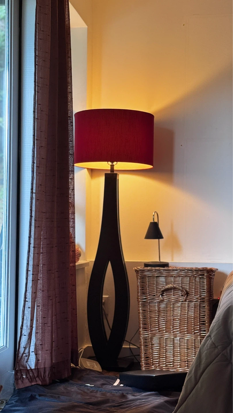 Dark Wood Floor Lamp with Red Shade