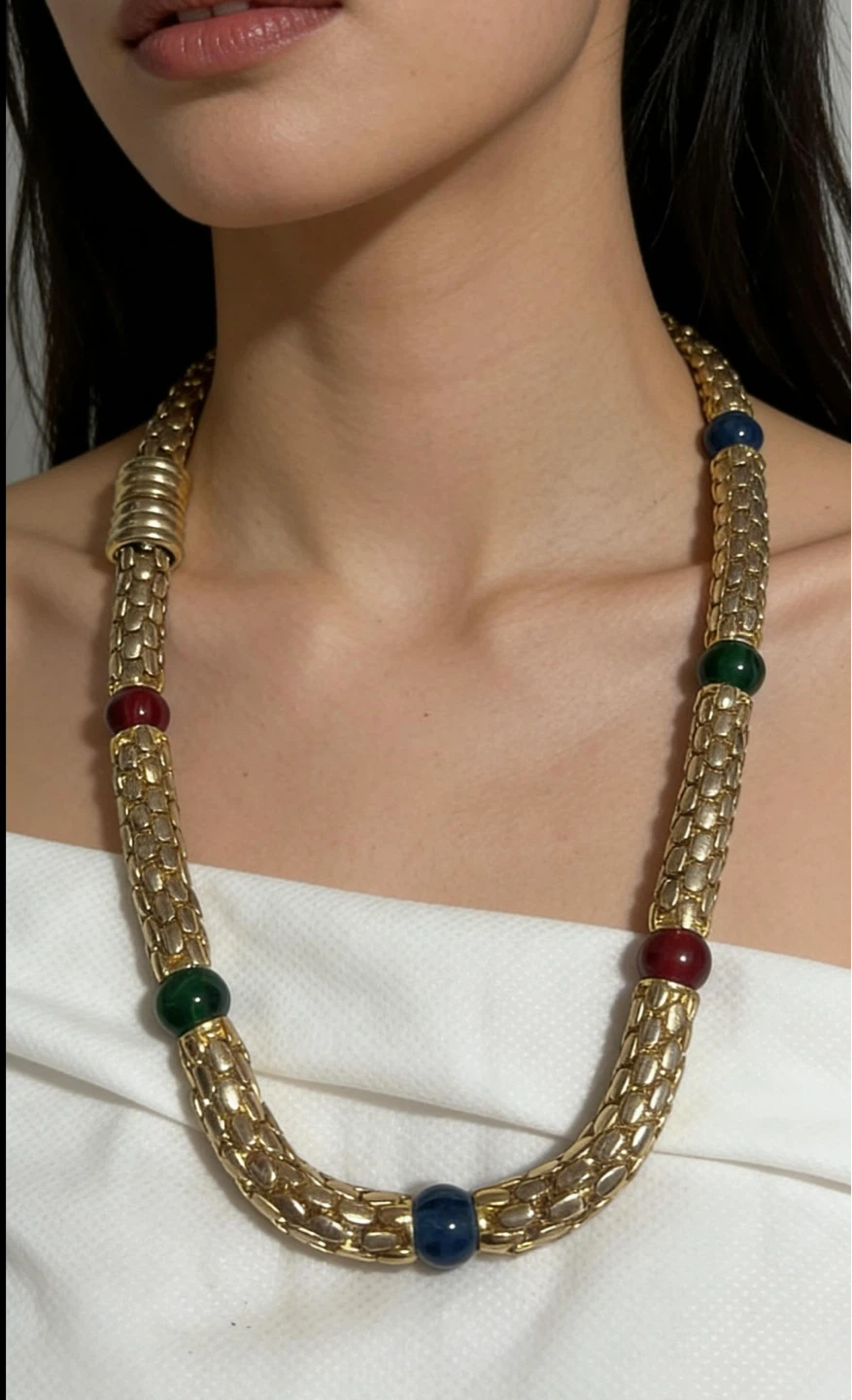 Gold Tone Necklace with Red, Green, and Blue Beads