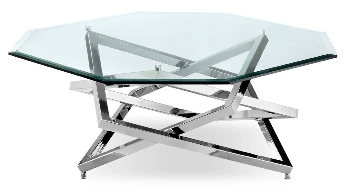 Octagon Glass Top Coffee Table - Silver Metal Base