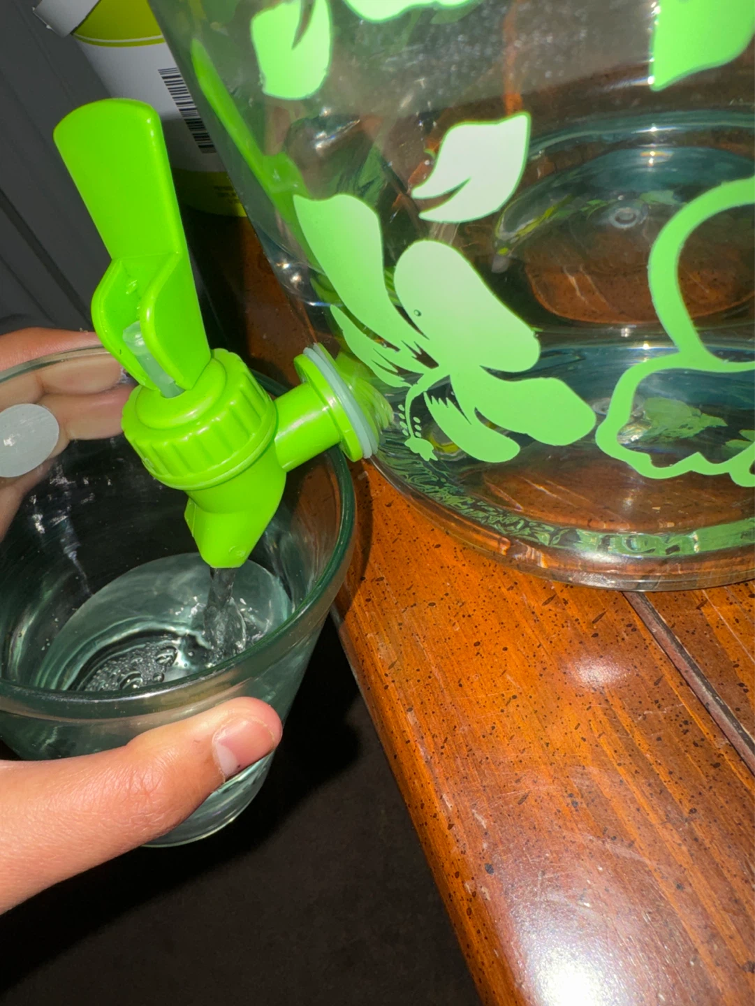 Glass Beverage Dispenser with Green Floral Design