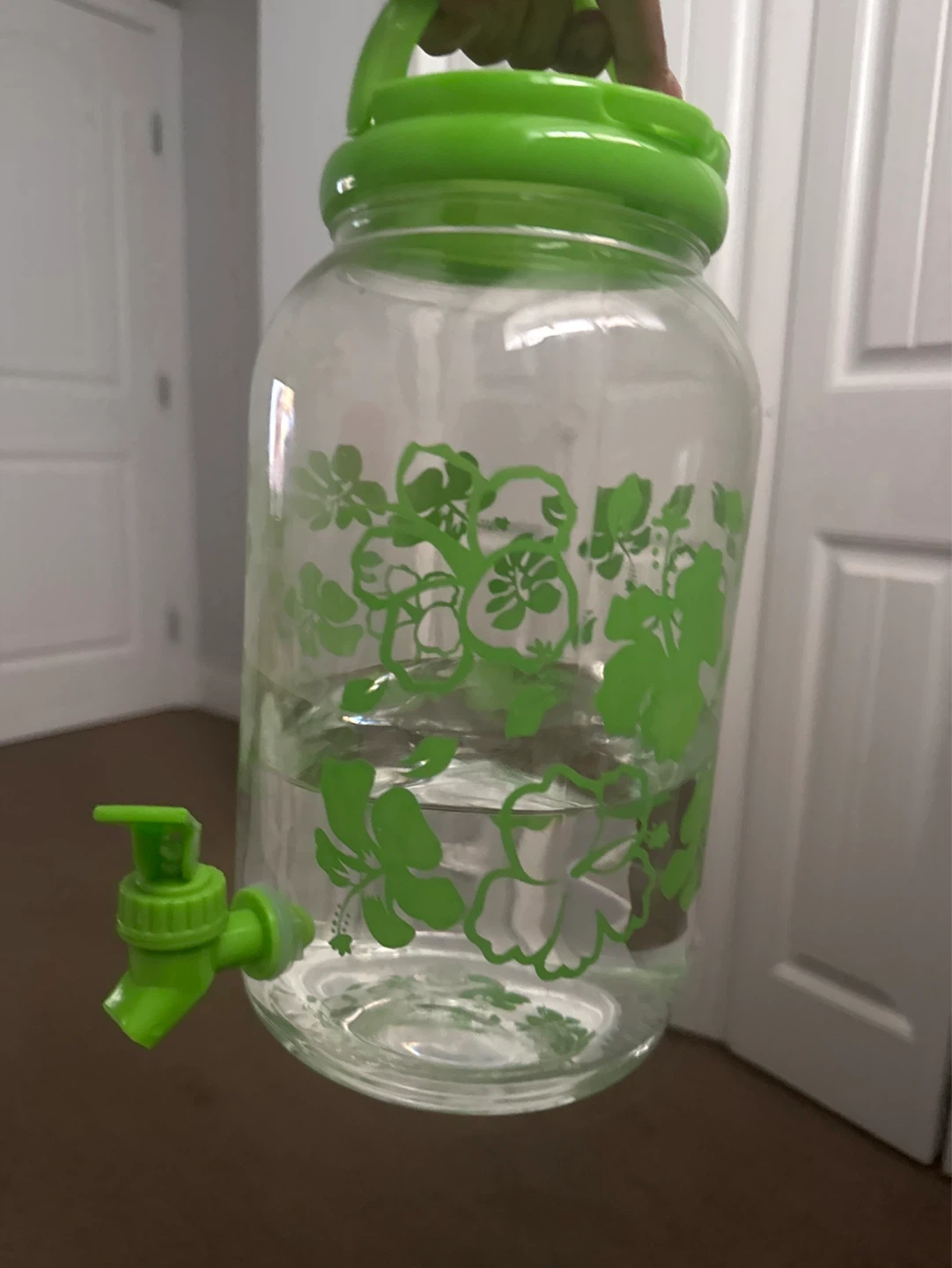 Glass Beverage Dispenser with Green Floral Design - photo 2