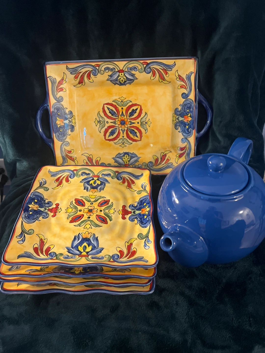 Decorative Serving Platter and Plates with Teapot