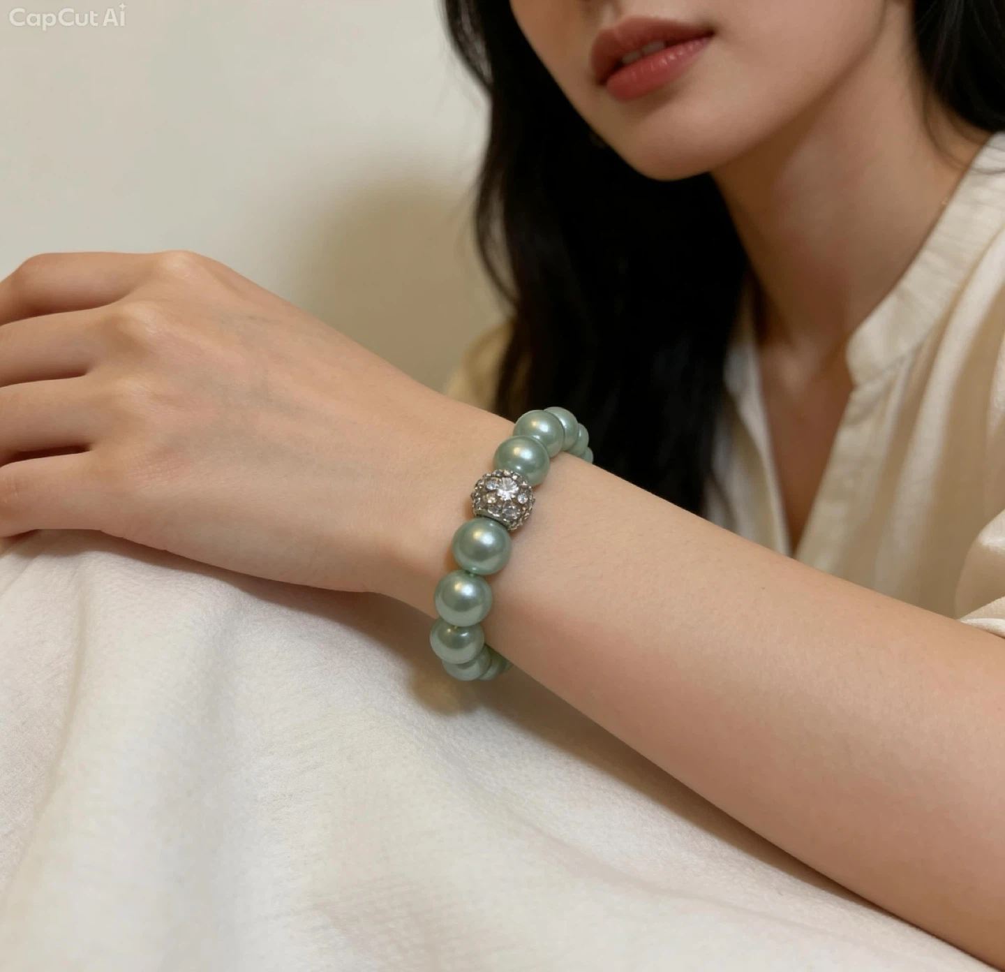 Light Green Pearl Beaded Bracelet with Rhinestone Accent
