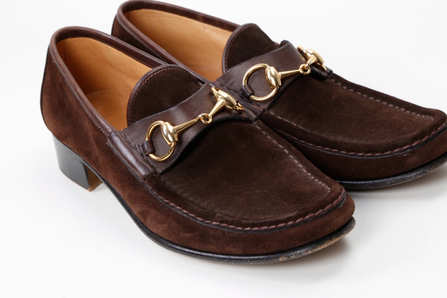Vintage Gucci Brown Suede Loafers with Gold Horsebit Detail
