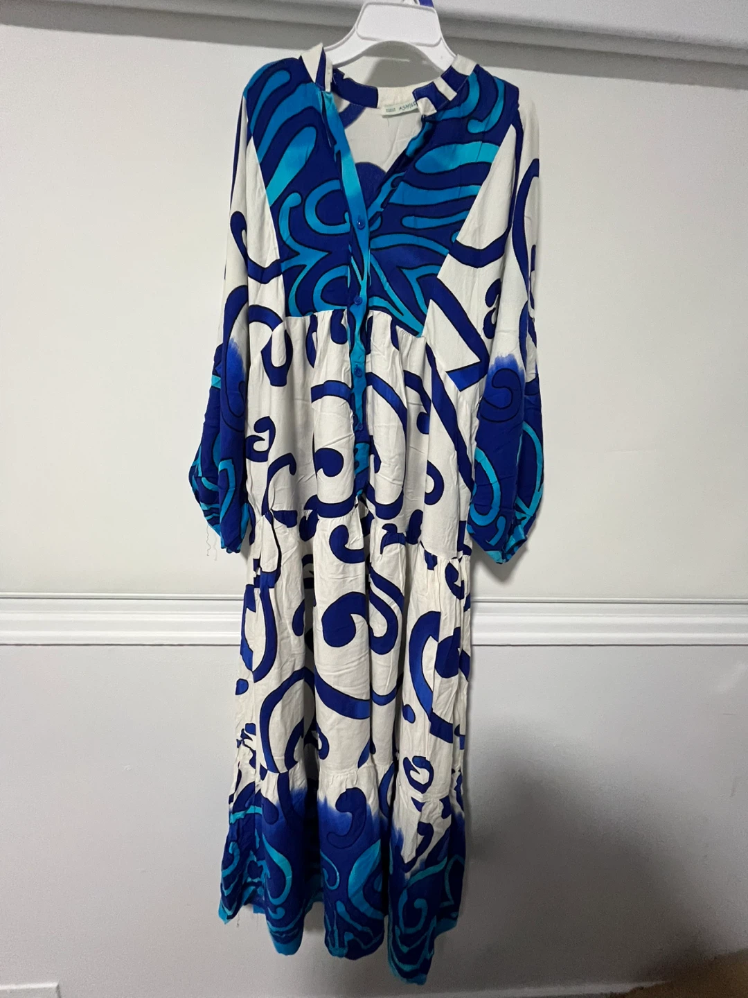 Blue and White Patterned Maxi Dress