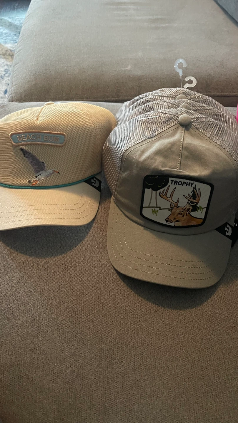 Two trucker hats: Beach Bum and Trophy deer patch