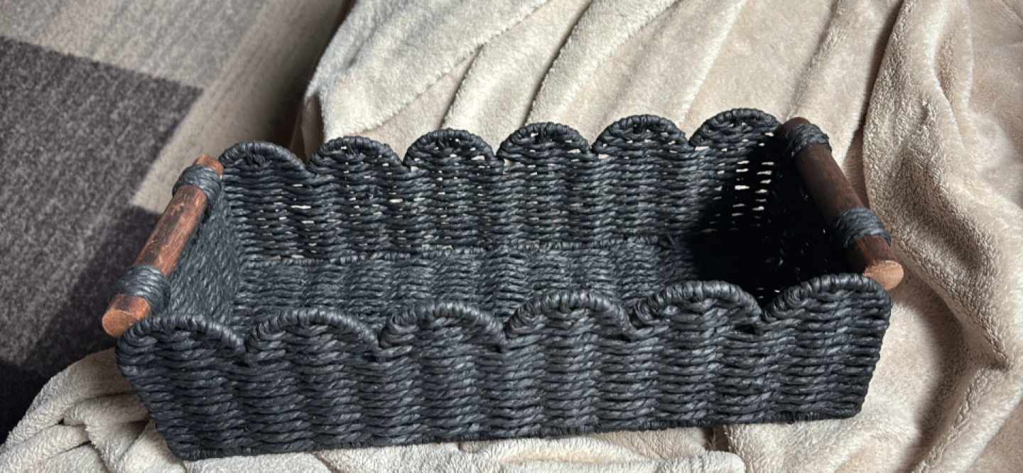 Black Woven Rectangular Basket with Wooden Handles