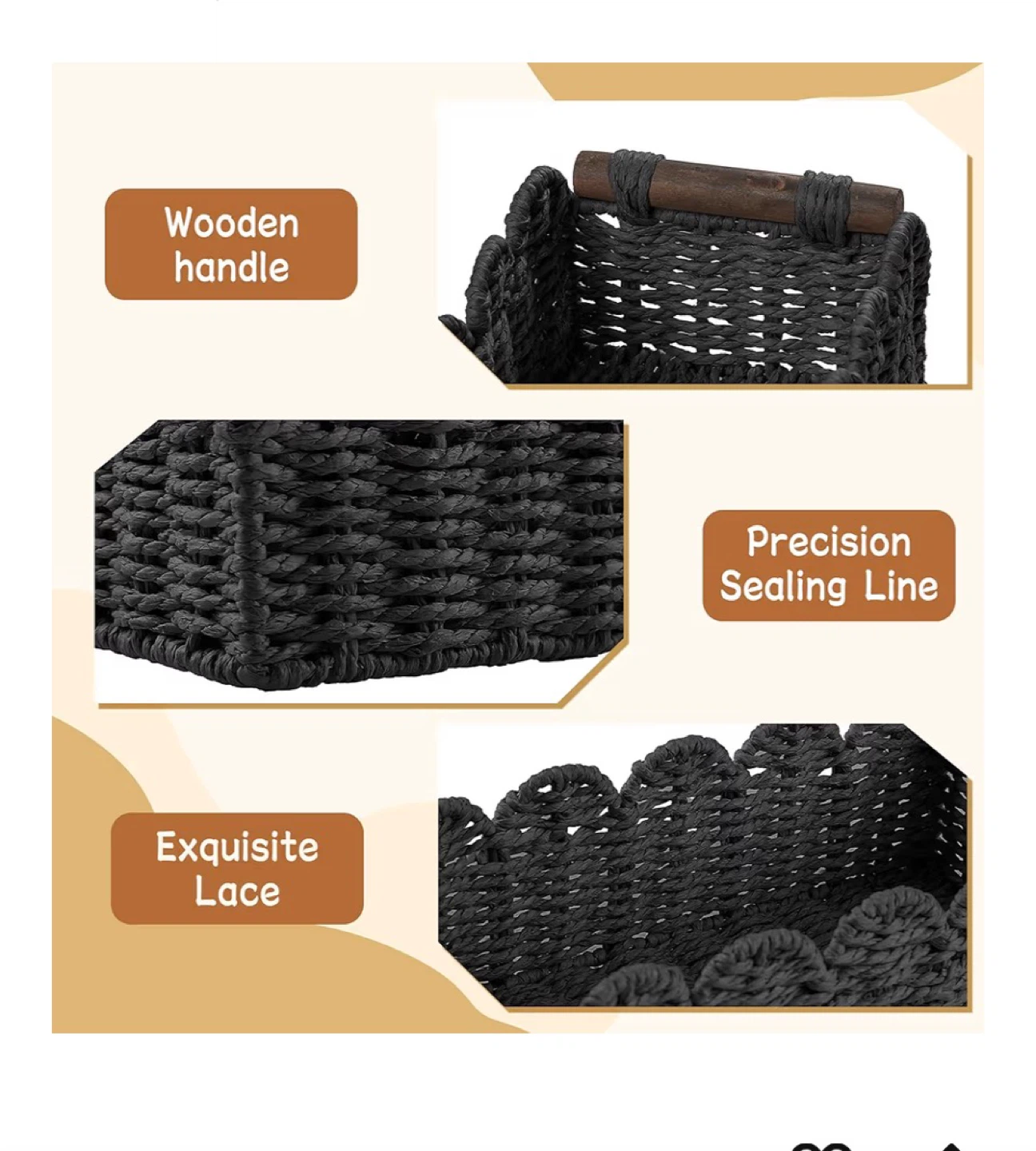 Black Woven Rectangular Basket with Wooden Handles - photo 3