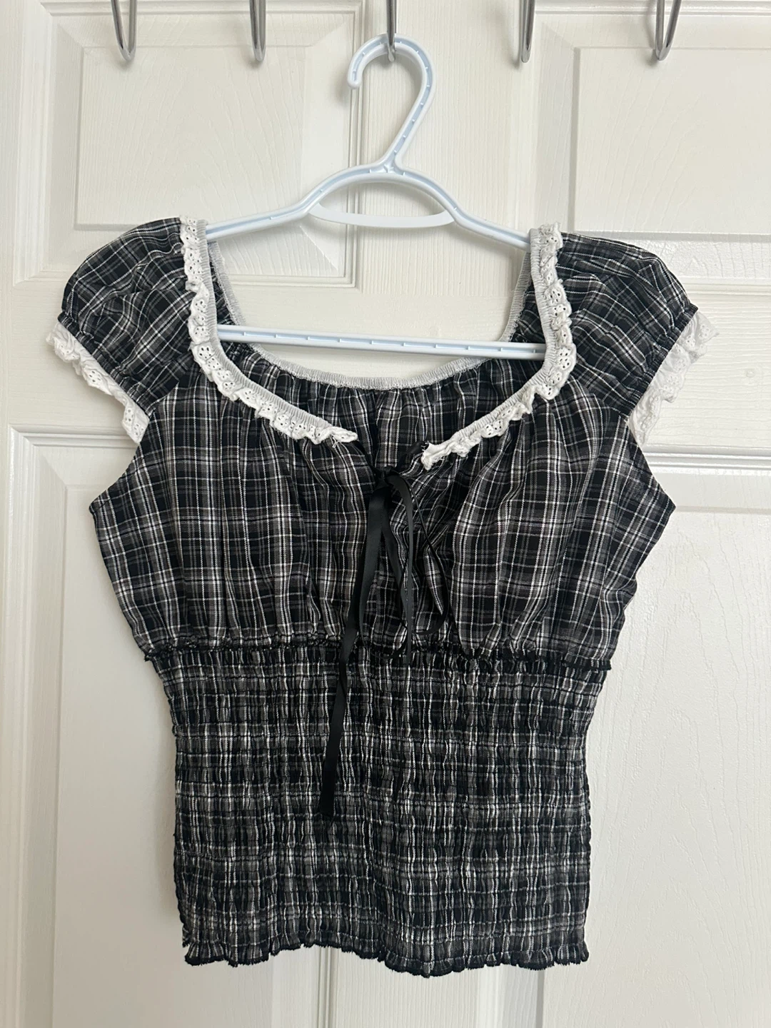 Plaid Coquette Smocked Top with Lace Trim - photo 3