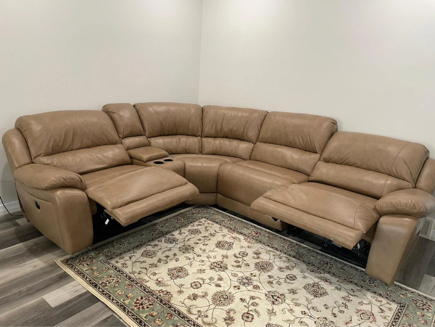 Tan Leather Sectional Recliner Sofa with Cup Holders