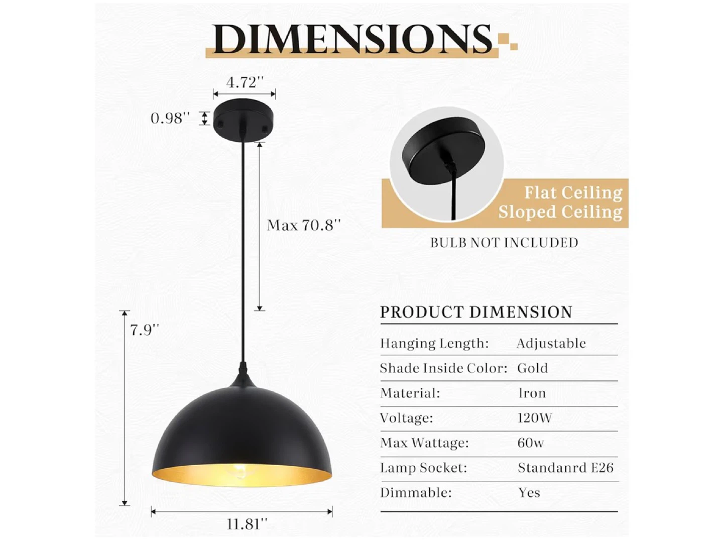 Black Dome Pendant Light with Gold Interior pack of 2 - photo 2