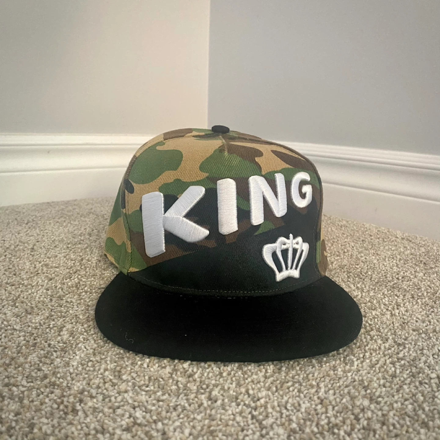 Camouflage KING Snapback Hat with Crown