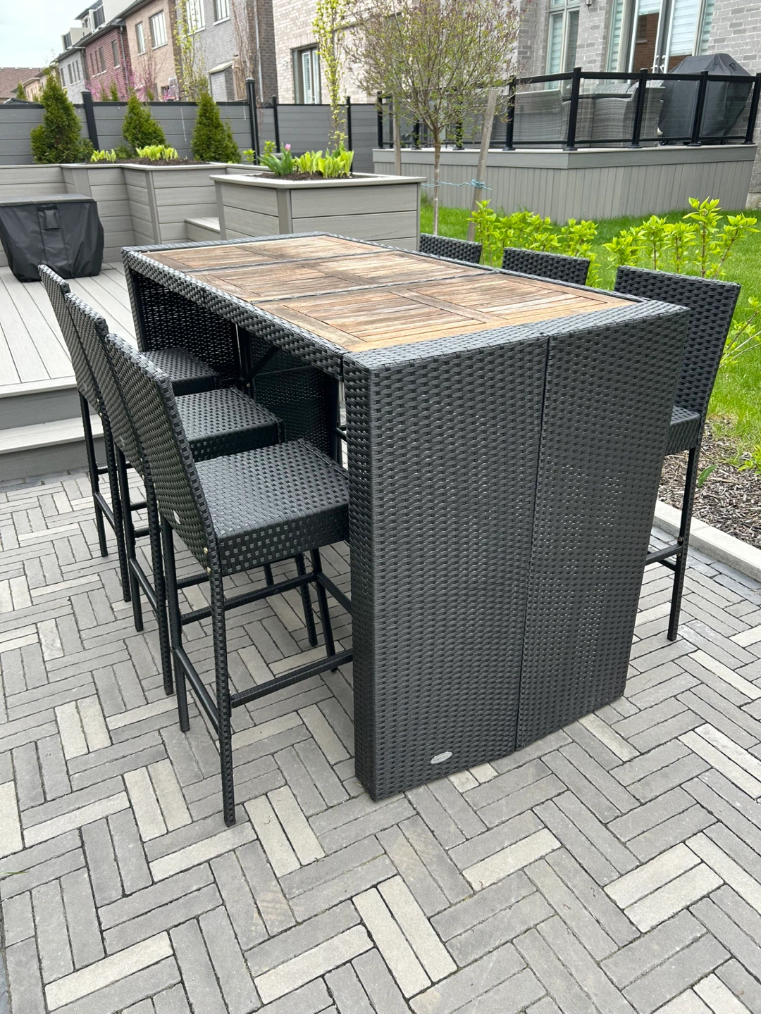 Black Wicker Bar Table Set with 6 Chairs