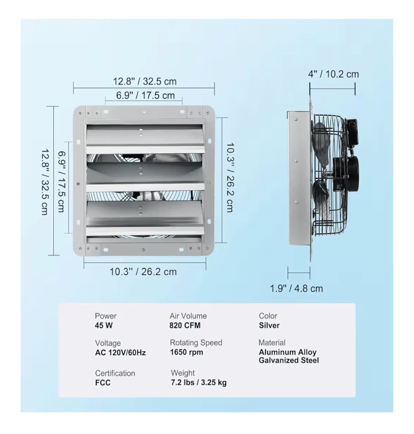Shutter Exhaust Fan 820 CFM Silver Aluminum Alloy - photo 2