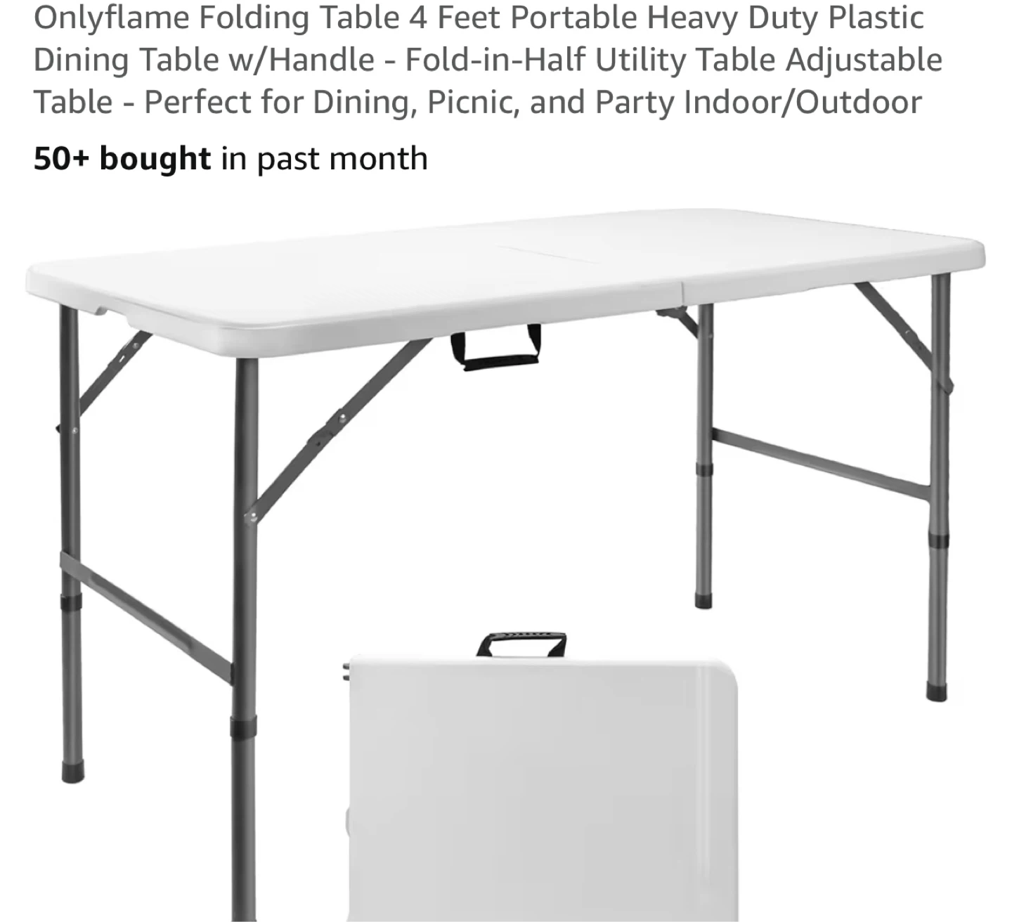 Folding Table 4 ft Portable Plastic Dining Table w/Handle