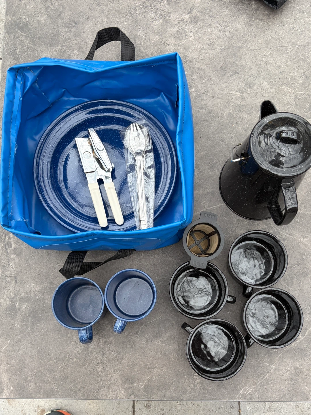 Camping Starter Kit plates/utensils/mugs/can opener/wash basin