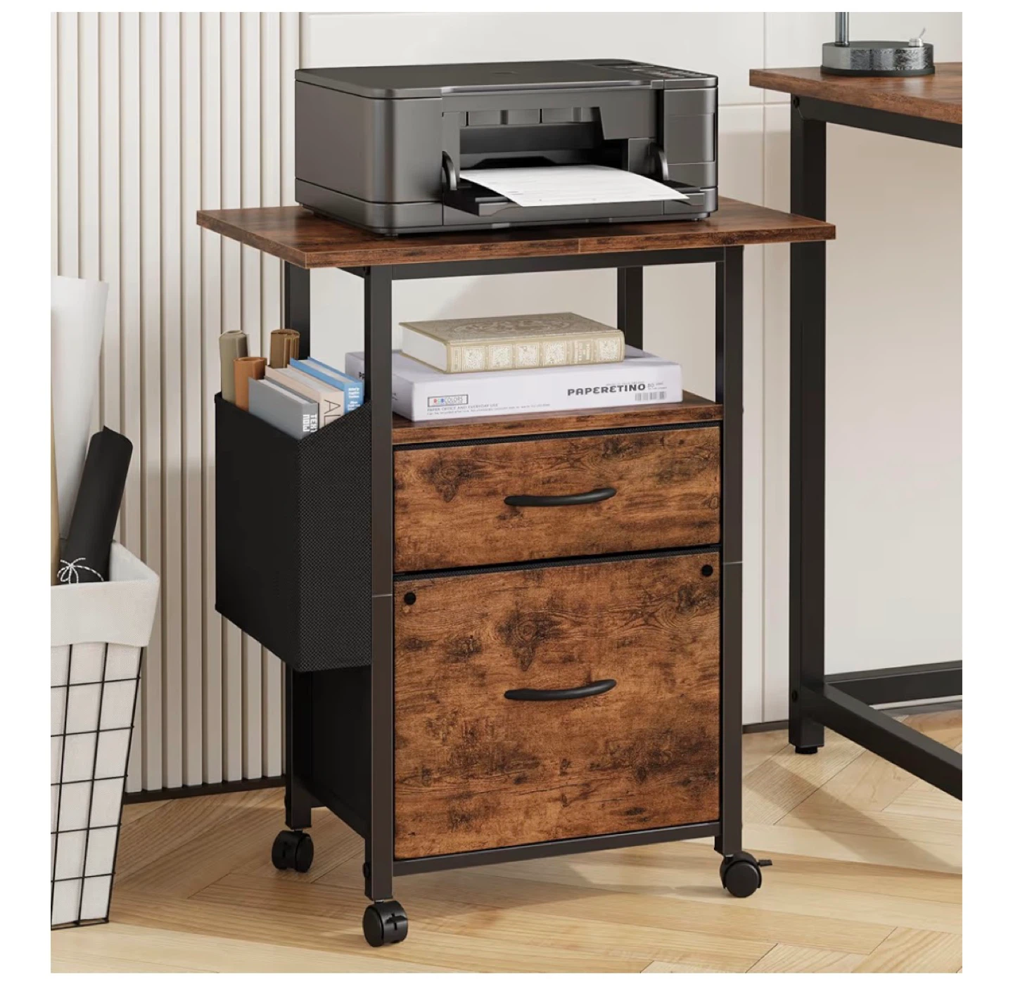 Rolling File Cabinet with 2 Drawers and Side Storage