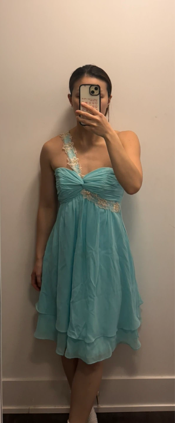 Custom made Aqua One-Shoulder Ruched Dress with Lace Detail