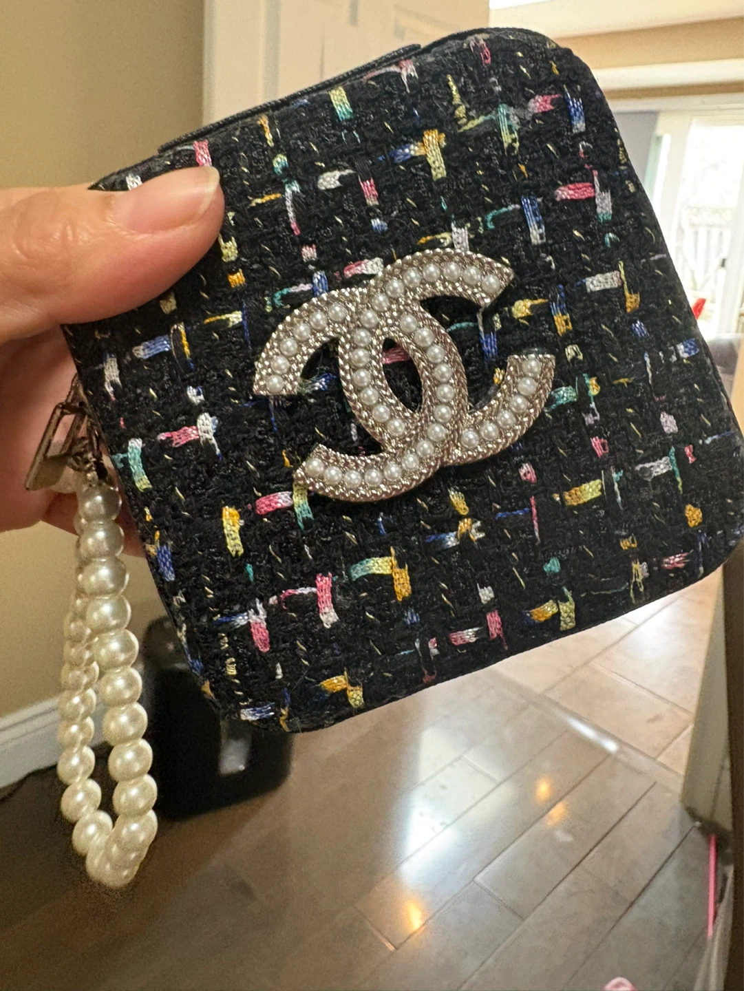 Chanel Inspired Tweed Coin Purse with Pearl Wristlet