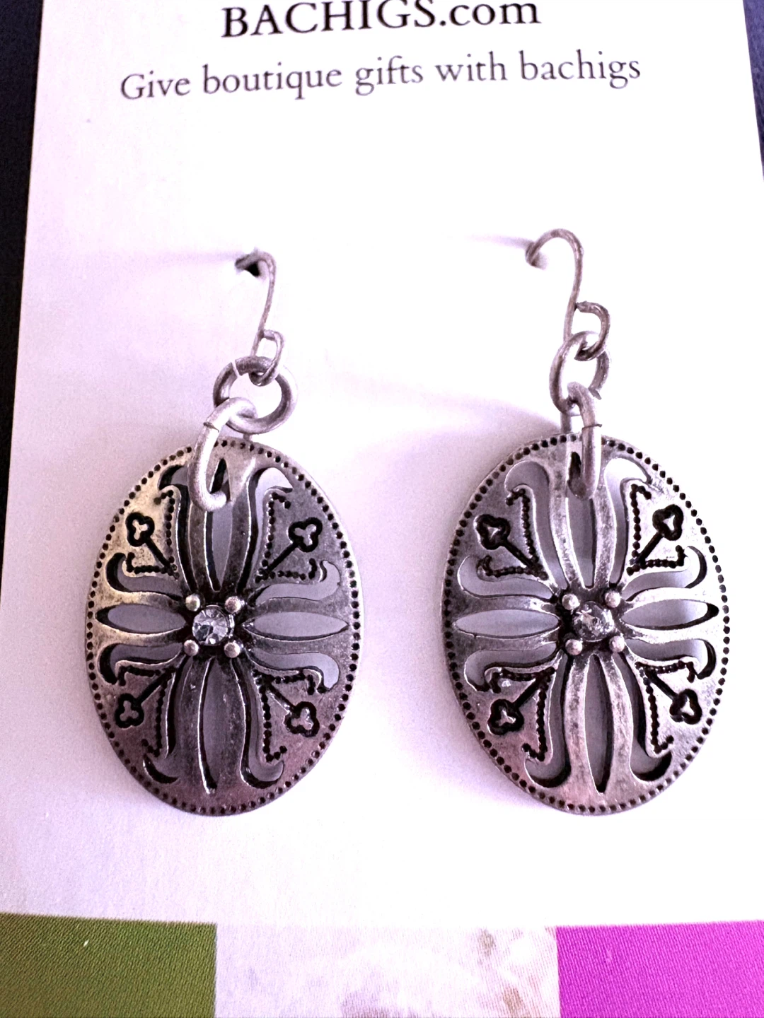 Silver Ornate Oval Dangle Earrings, new
