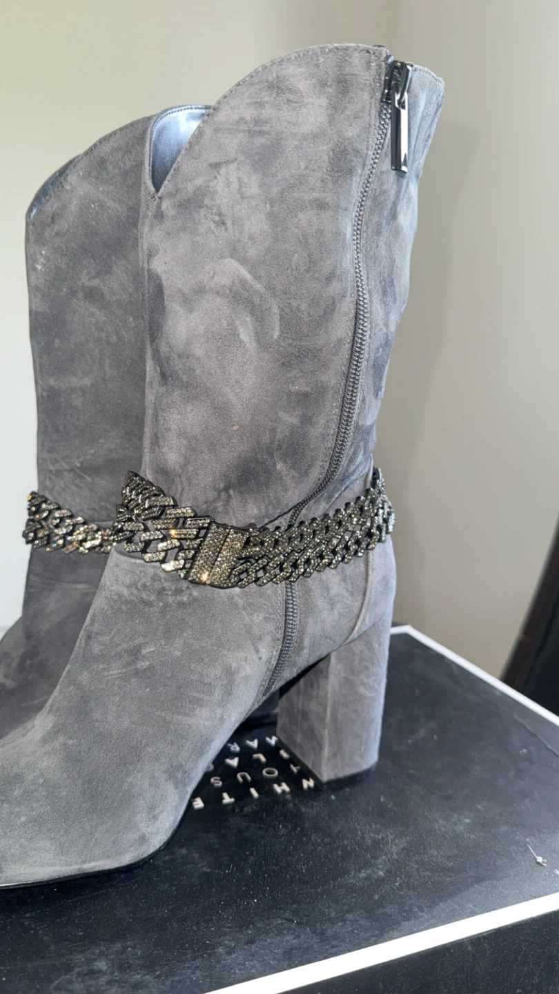 Grey Suede Boots with Rhinestone Chain Detail - photo 3