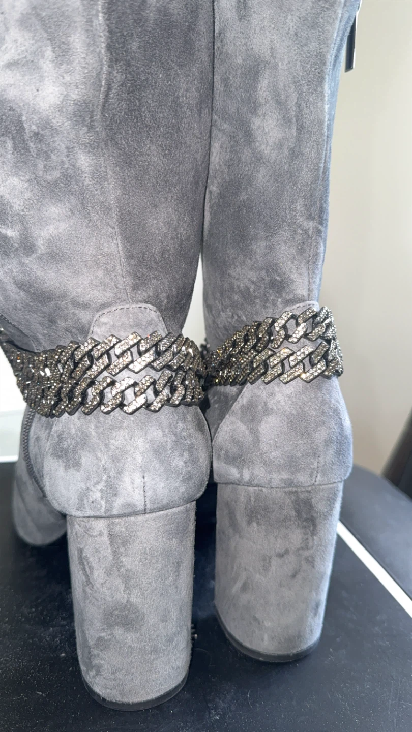 Grey Suede Boots with Rhinestone Chain Detail