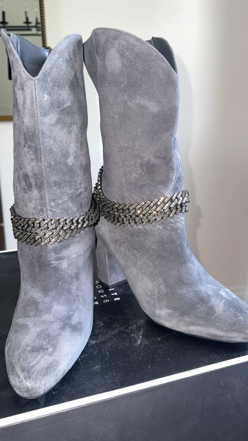 Grey Suede Boots with Rhinestone Chain Detail - photo 2