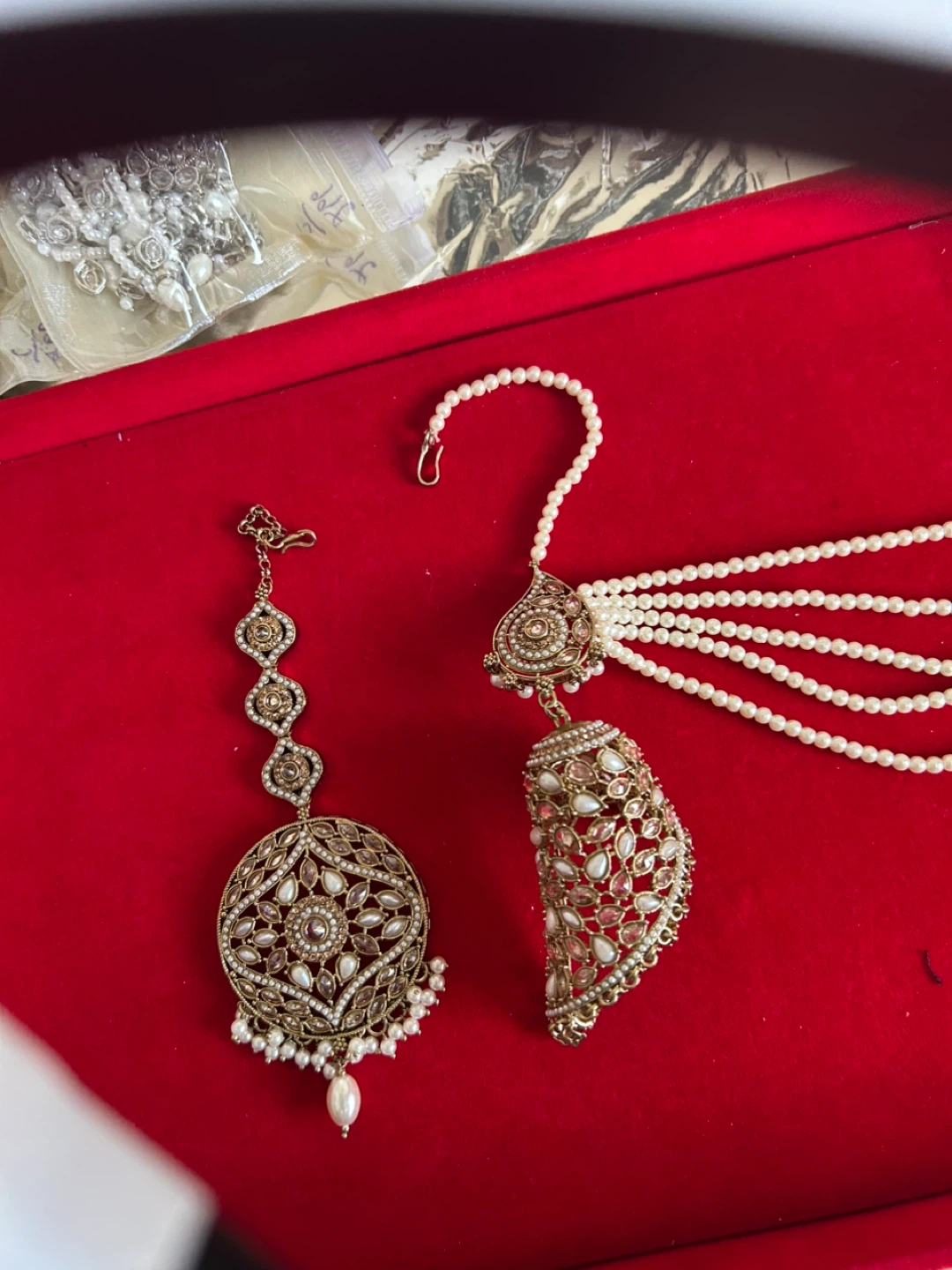 Gold-tone Maang Tikka and Jhumka Set with Pearls