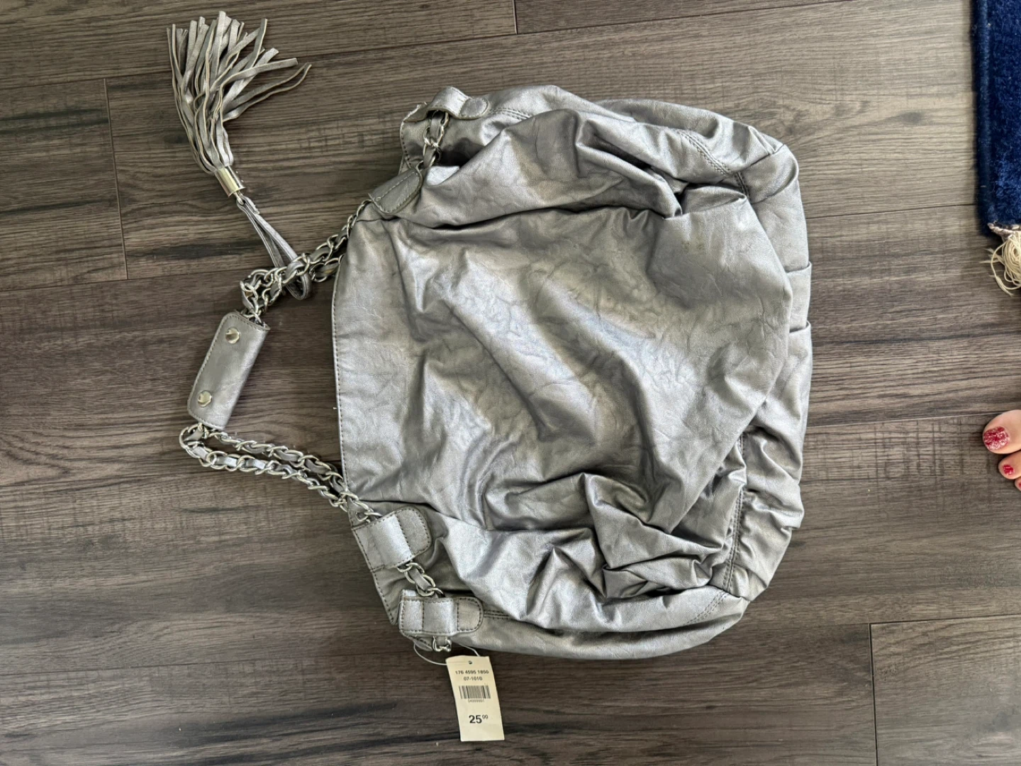 New Silver Faux Leather Shoulder Bag with Tassel