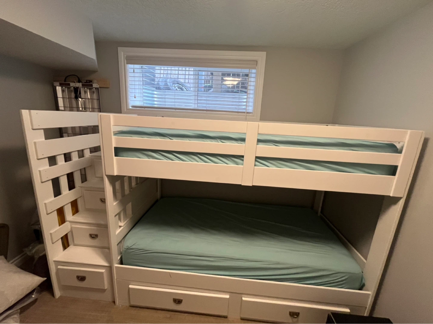 White Twin over Twin Bunk Bed with Stairs and Drawers