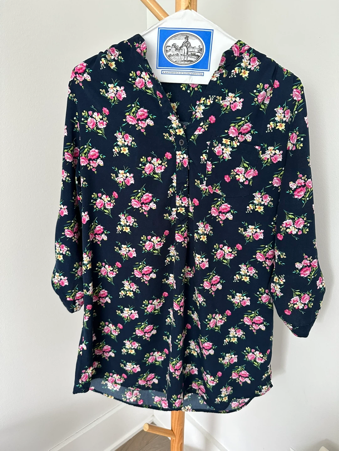 LOVE TREE Floral Button-Up Blouse - Navy Blue - Size Large