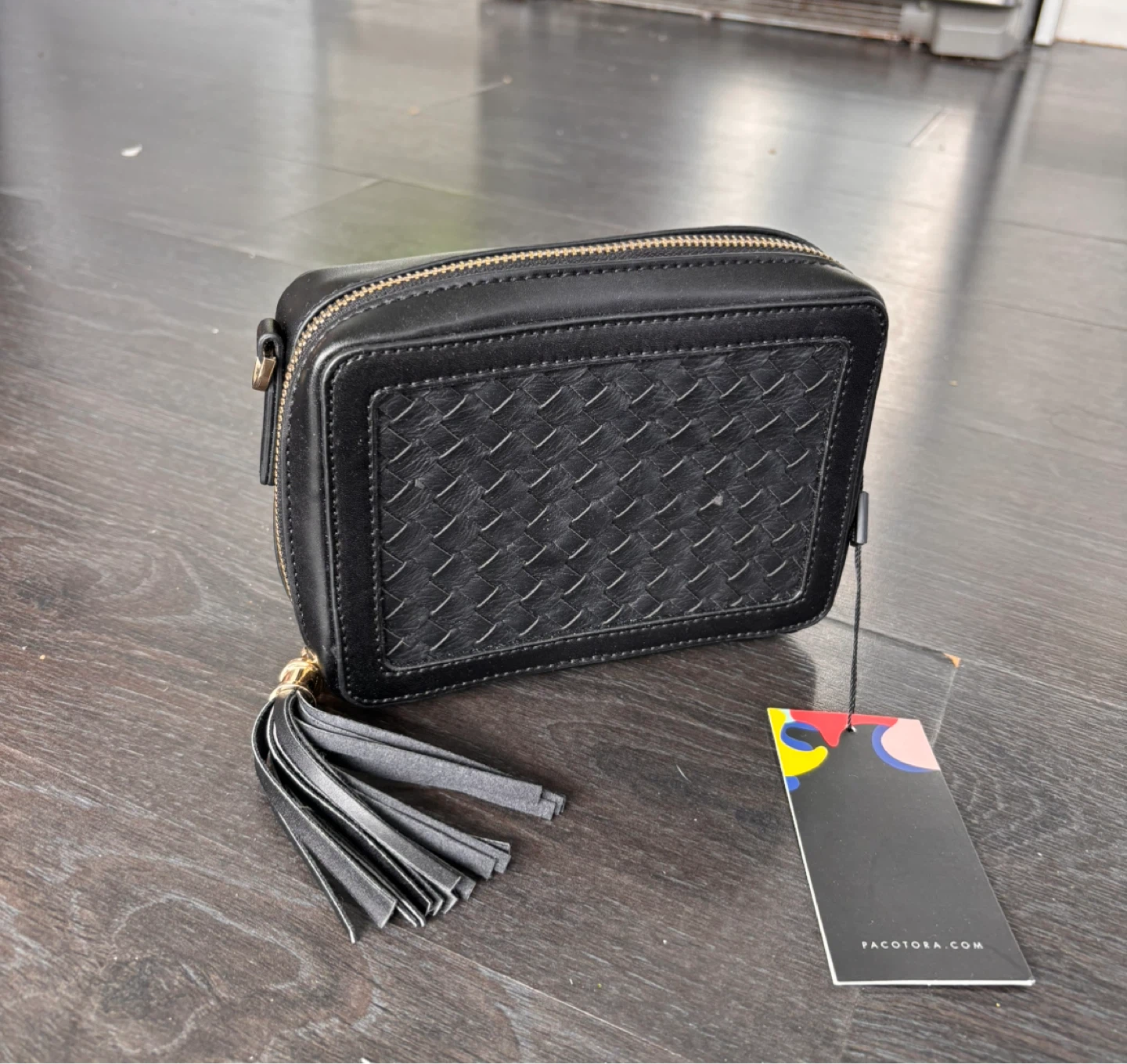 Black Woven Leather Crossbody Bag