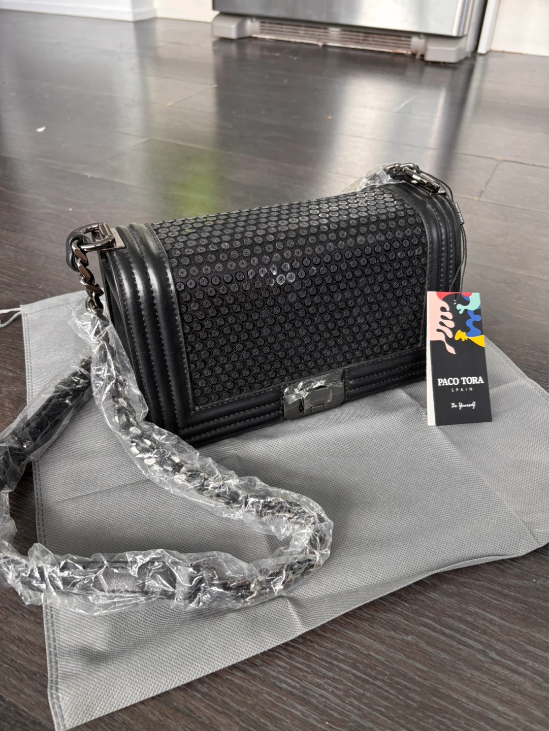 Paco Tora Black Sequin Flap Bag