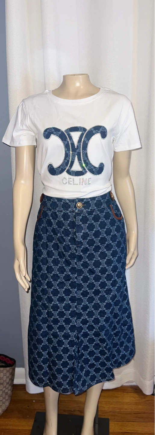 Celine Graphic T-Shirt and Monogram Denim Skirt Set