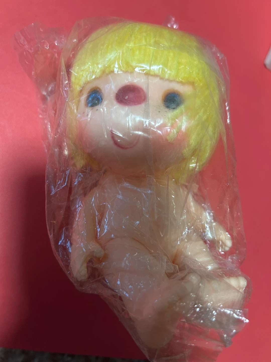 Vintage Plastic Doll Toy Yellow Hair Red Nose
