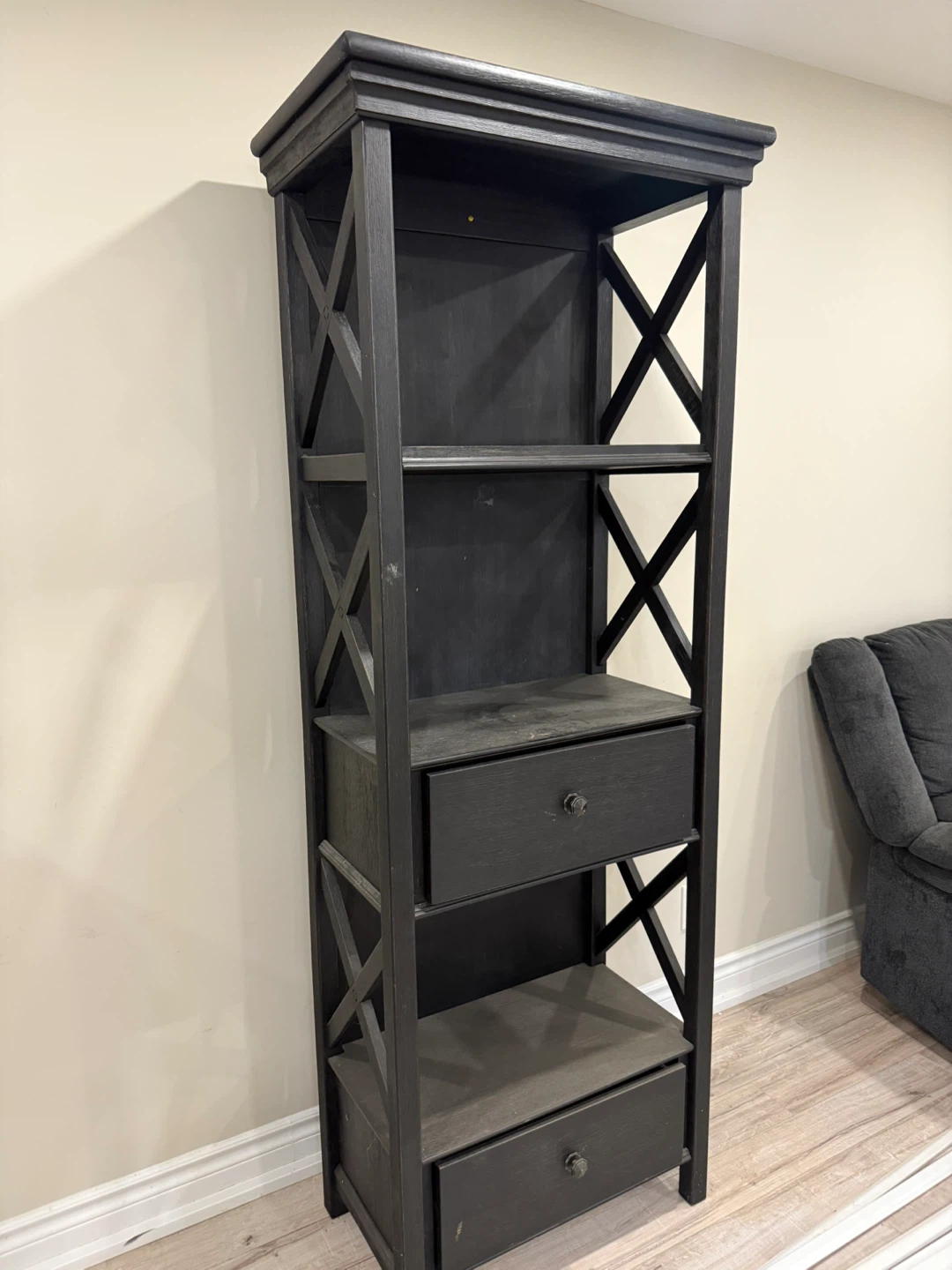 Dark Grey Tall Bookshelf with Drawers