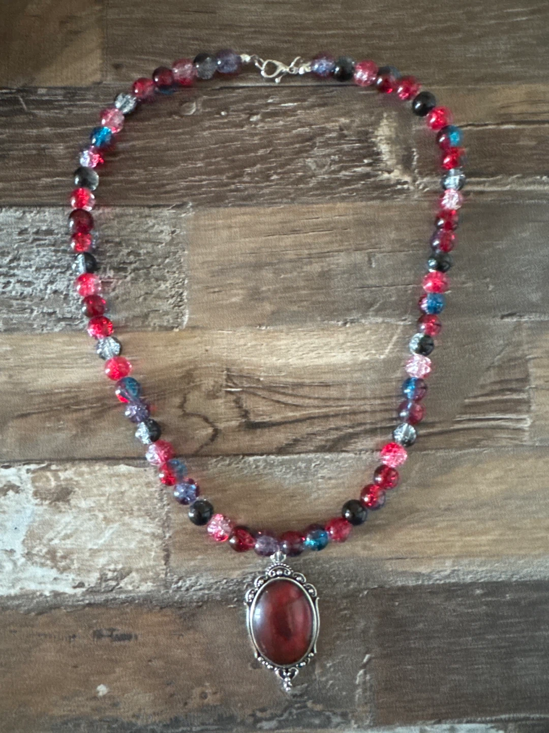 Beaded Necklace with Red Pendant