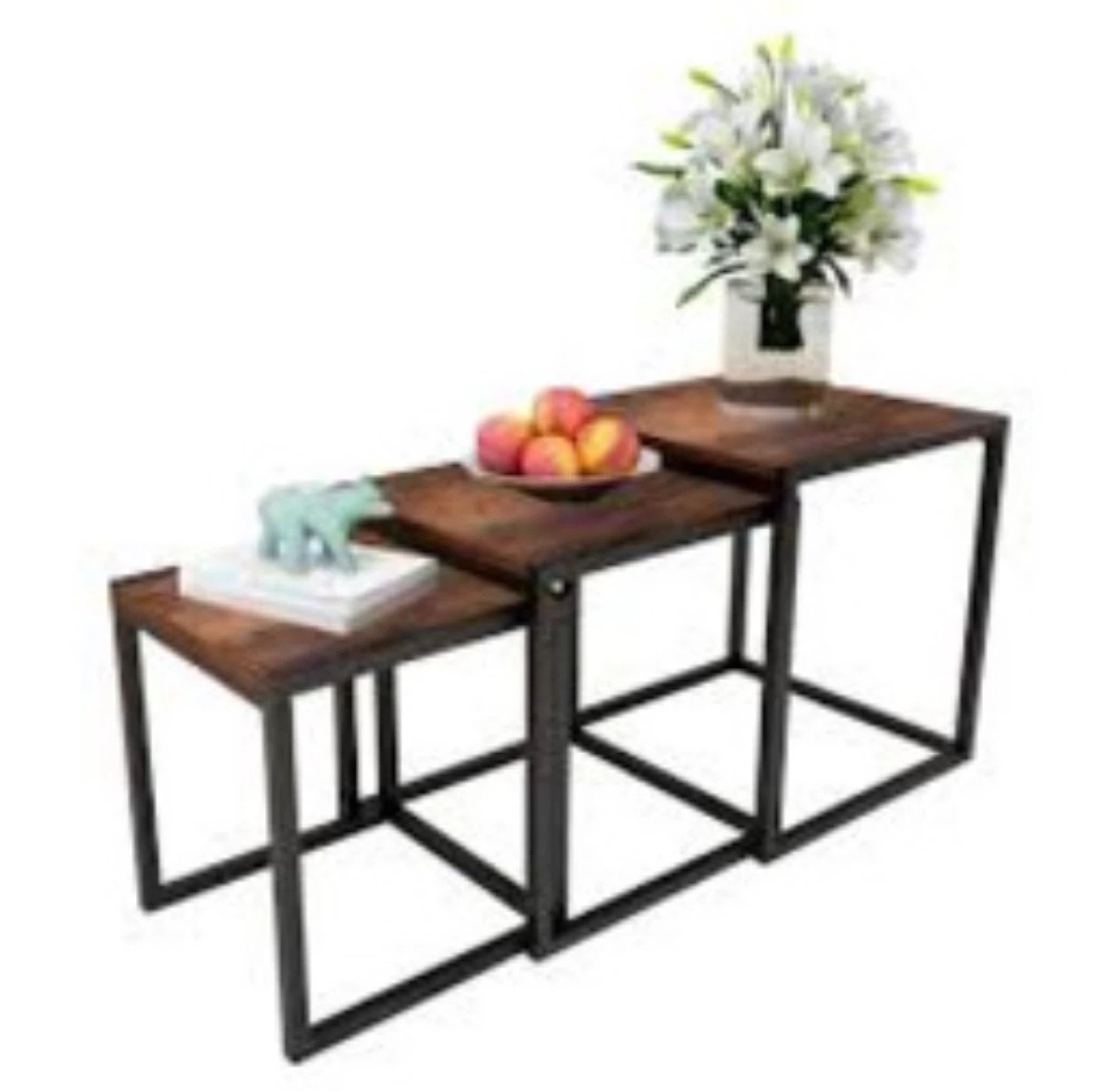 Nesting Side Tables Set - Rustic Wood & Metal Frame