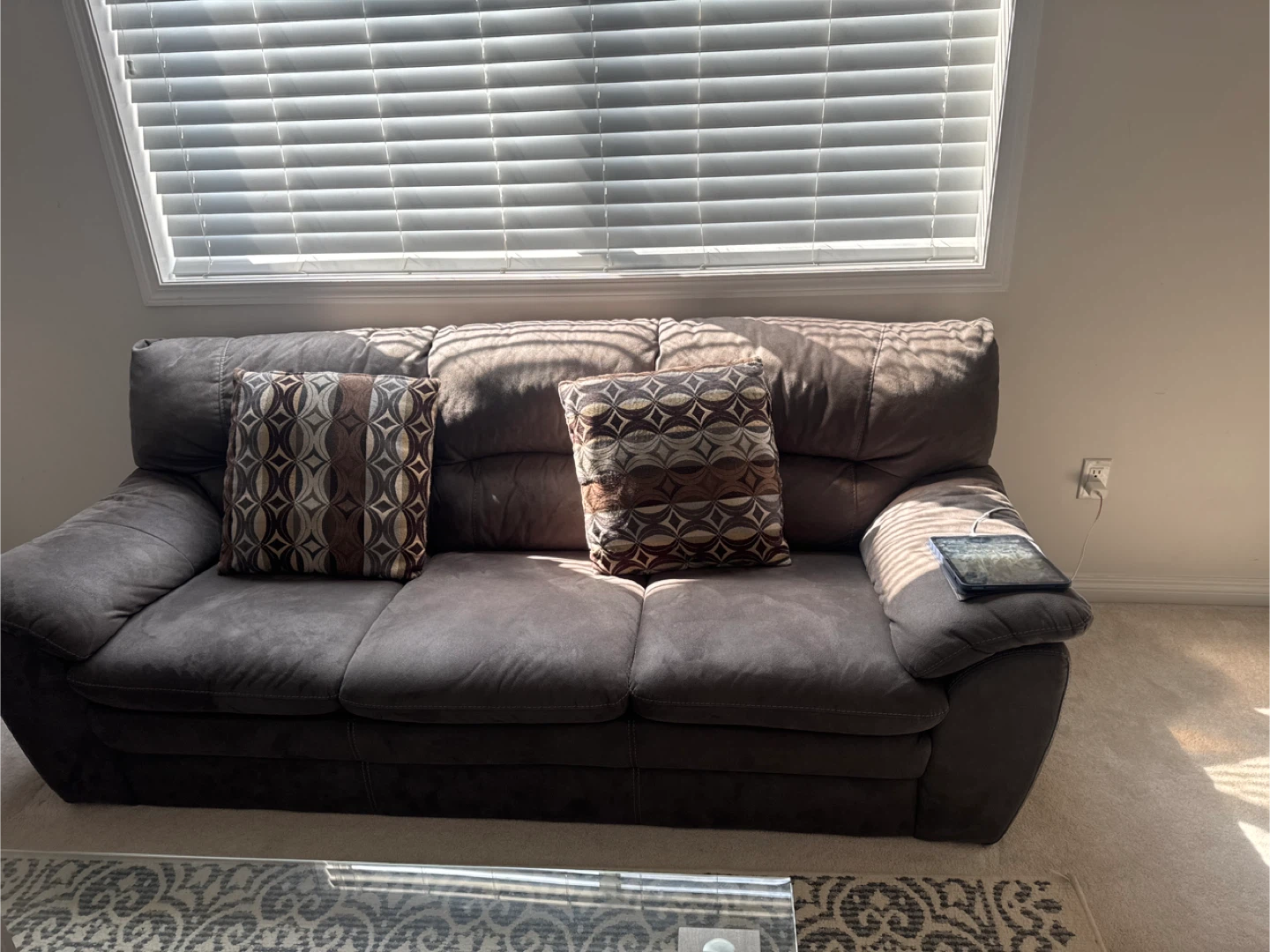 Dark Grey Suede Couch with Throw Pillows - photo 2